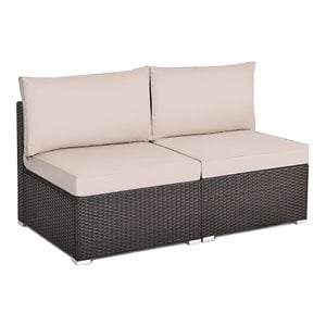 Pemberly Row 2-piece Rattan Patio Armless Sofa Furniture Set w/ Cushion in Brown