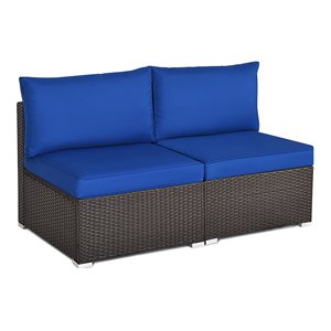 Pemberly Row 2-Pc Rattan Patio Armless Sofa Furniture Set with Cushion in Navy