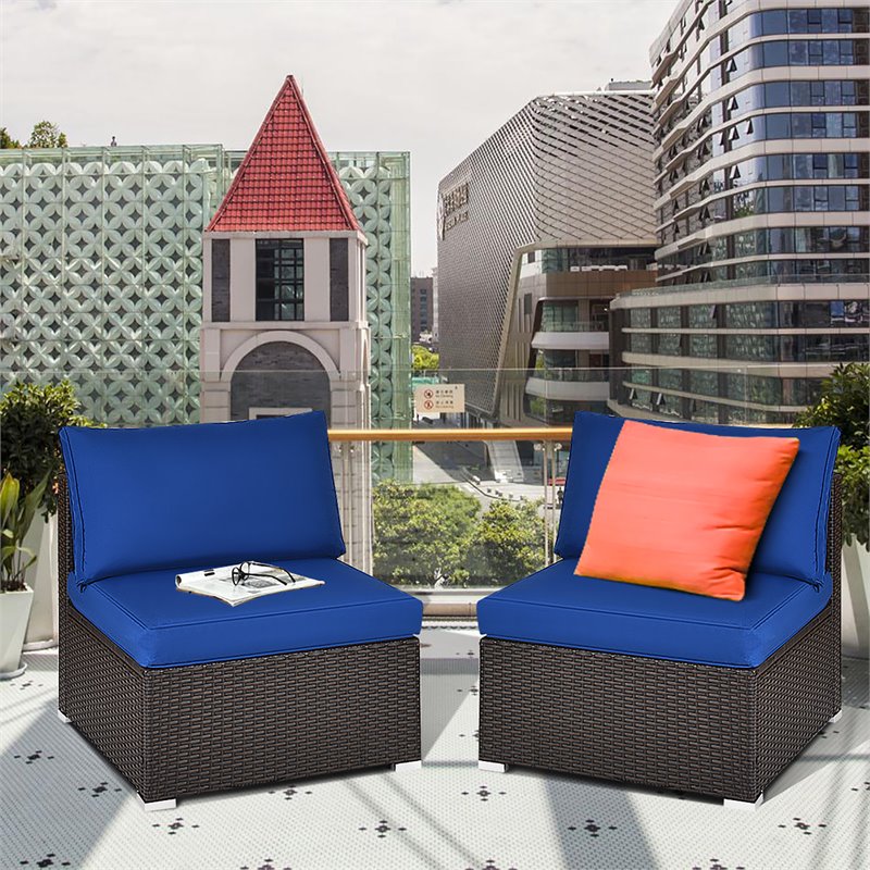 Pemberly Row 2-piece Rattan Patio Armless Sofa Furniture Set w/ Cushion in Navy