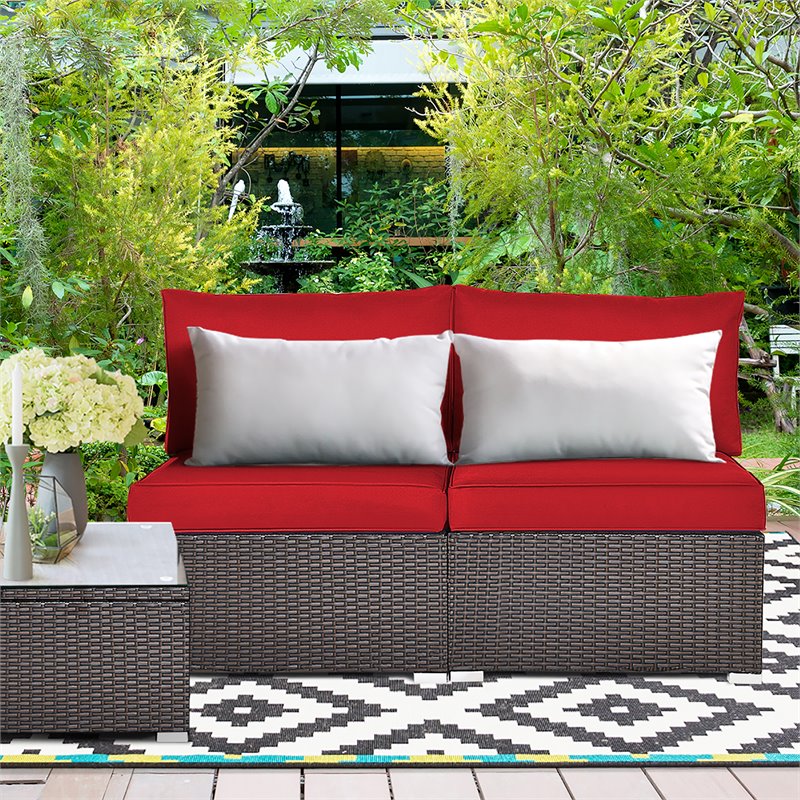 Pemberly Row 2-piece Rattan Patio Armless Sofa Furniture Set with Cushion in Red