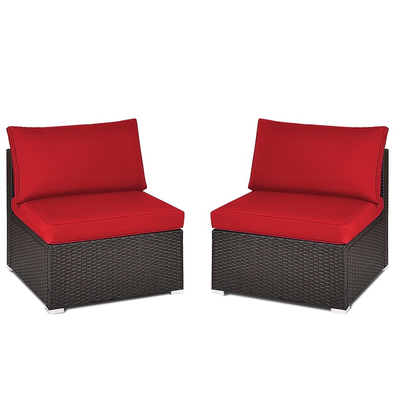 Pemberly Row 2-piece Rattan Patio Armless Sofa Furniture Set with Cushion in Red
