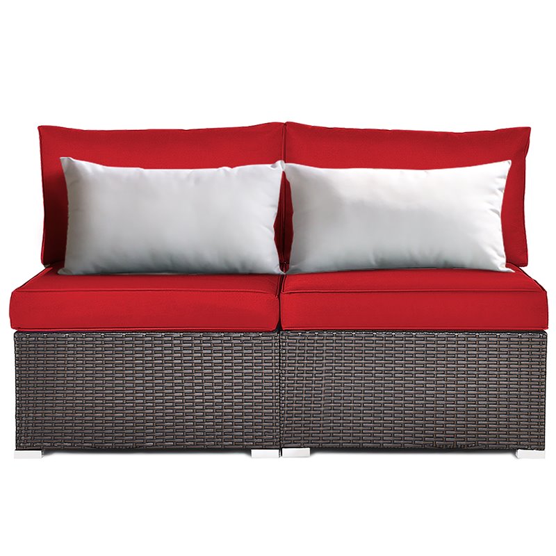 Pemberly Row 2-piece Rattan Patio Armless Sofa Furniture Set with Cushion in Red