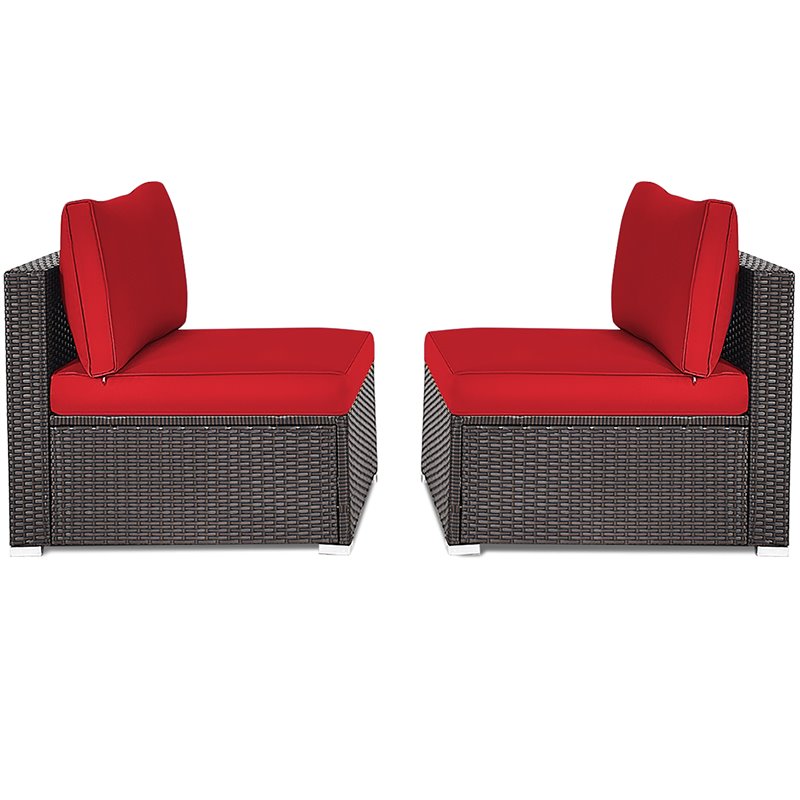 Pemberly Row 2-piece Rattan Patio Armless Sofa Furniture Set with Cushion in Red