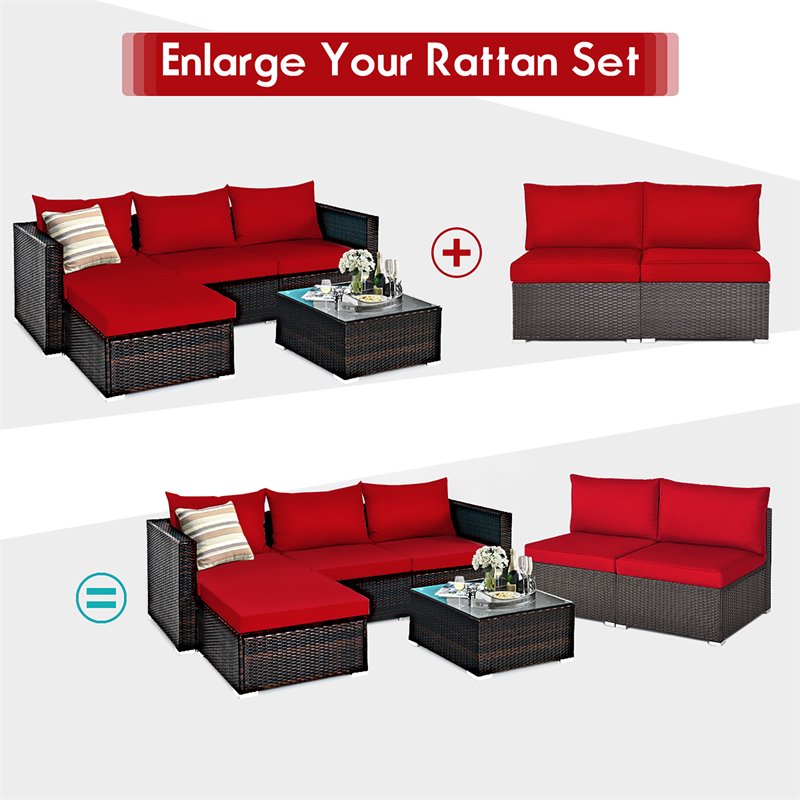 Pemberly Row 2-piece Rattan Patio Armless Sofa Furniture Set with Cushion in Red