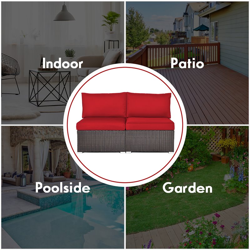 Pemberly Row 2-piece Rattan Patio Armless Sofa Furniture Set with Cushion in Red