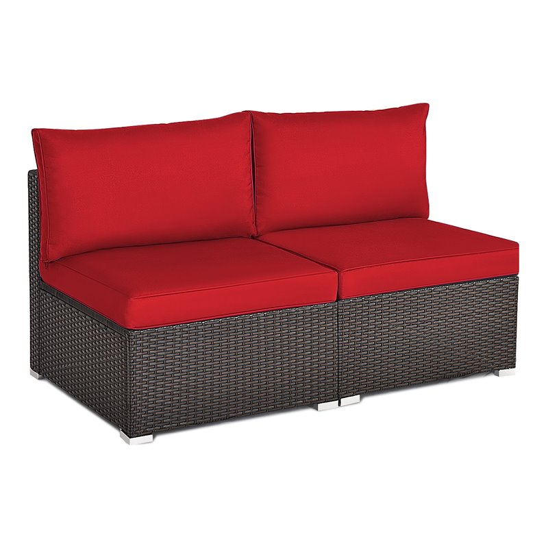 Pemberly Row 2-piece Rattan Patio Armless Sofa Furniture Set with Cushion in Red