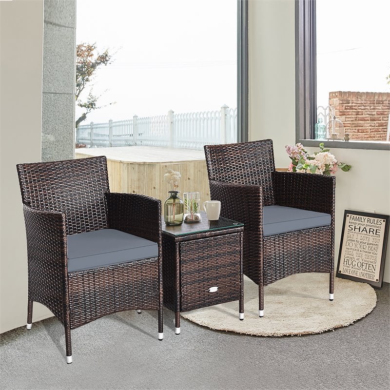 Pemberly Row 3-piece PE Rattan Outdoor Wicker Furniture Sets Chairs in Gray