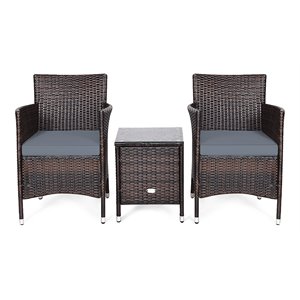 Pemberly Row 3-piece PE Rattan Outdoor Wicker Furniture Sets Chairs in Gray