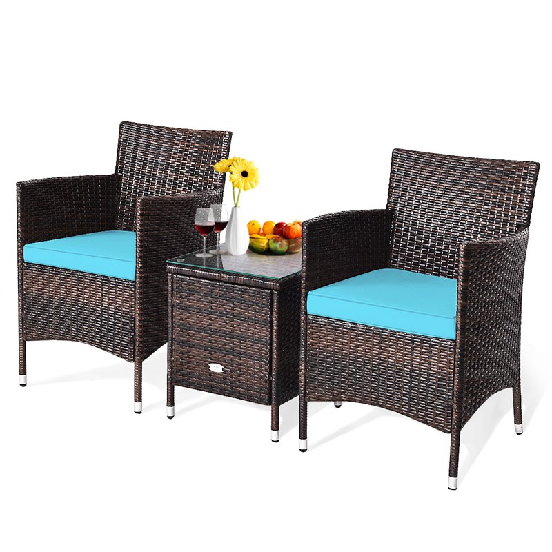 Pemberly Row 3-piece PE Rattan Outdoor Wicker Furniture Sets Chairs in Blue