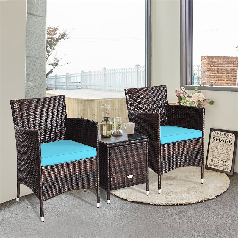 Pemberly Row 3-piece PE Rattan Outdoor Wicker Furniture Sets Chairs in Blue
