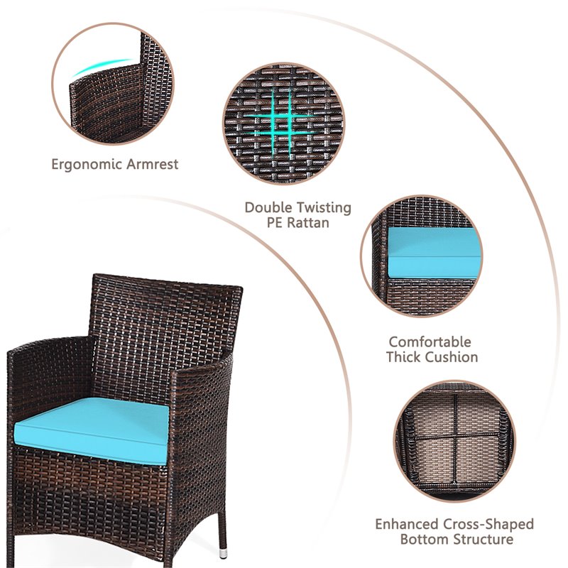 Pemberly Row 3-piece PE Rattan Outdoor Wicker Furniture Sets Chairs in Blue