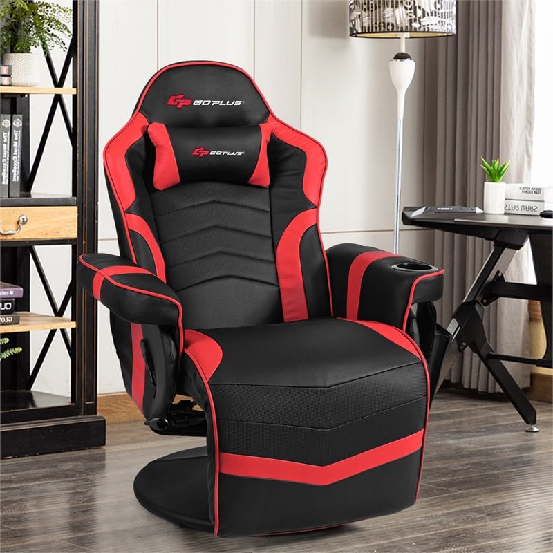 Pemberly Row PU Leather and Iron Swivel Massage Gaming Chair in Red