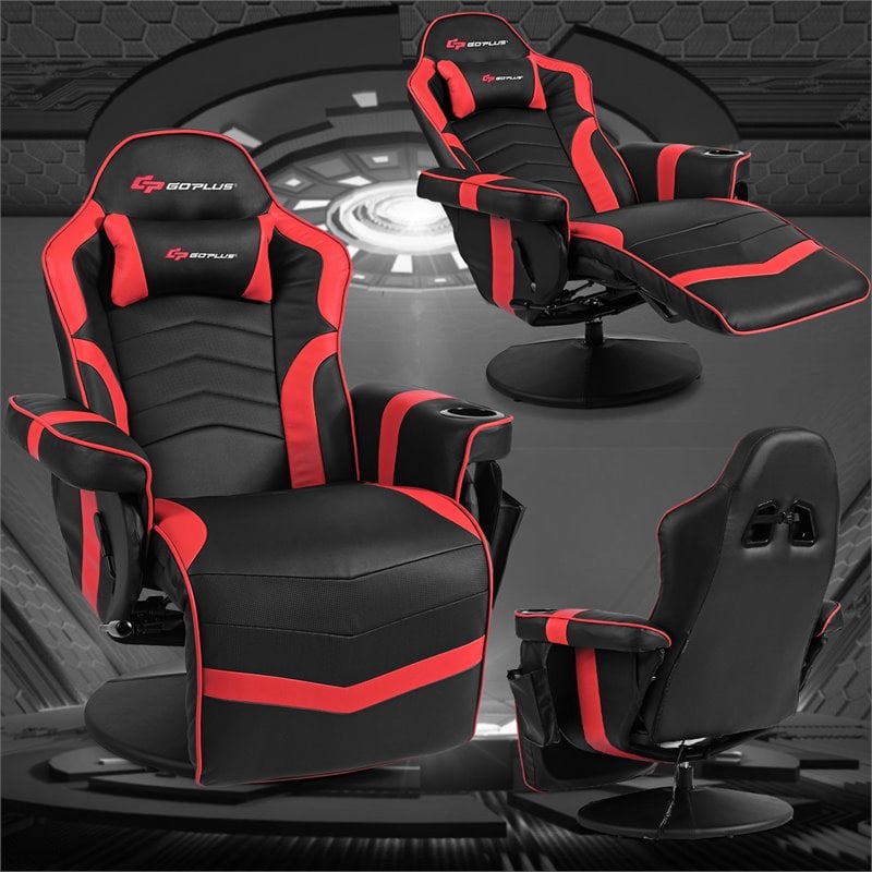 Pemberly Row PU Leather and Iron Swivel Massage Gaming Chair in Red