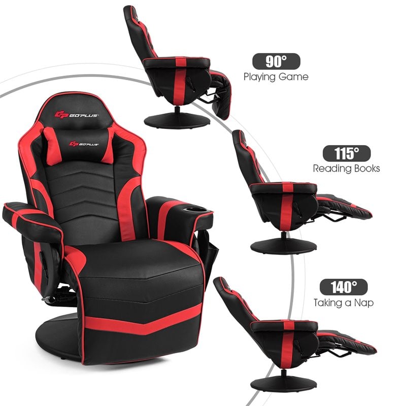 Pemberly Row PU Leather and Iron Swivel Massage Gaming Chair in Red