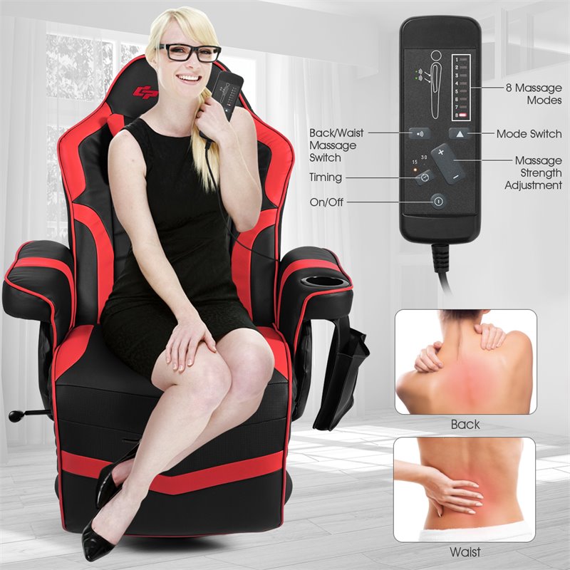 Pemberly Row PU Leather and Iron Swivel Massage Gaming Chair in Red