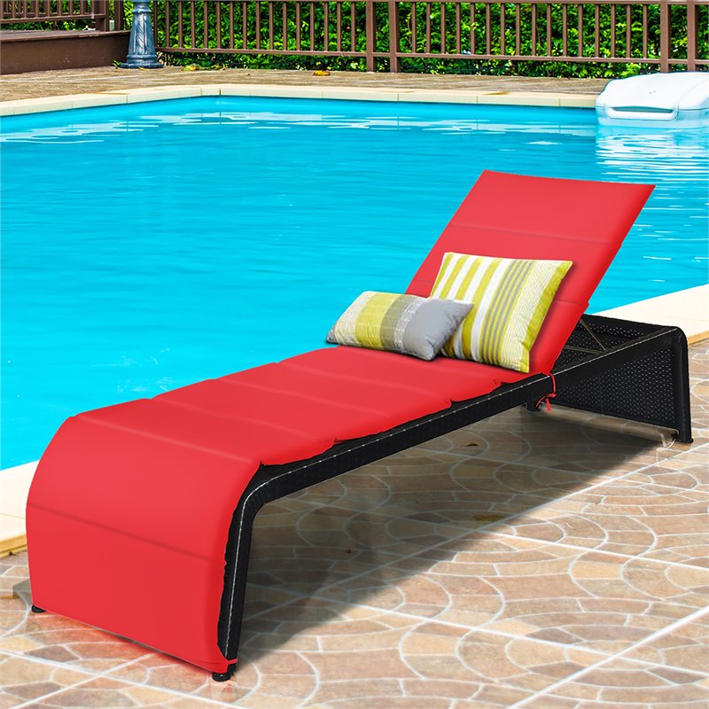 Pemberly Row Rattan Adjustable Cushioned Back Patio Lounge Chair in Red