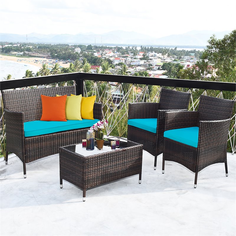 Pemberly Row 4-piece Rattan Patio Furniture Set with Sofa Chair in Turquoise