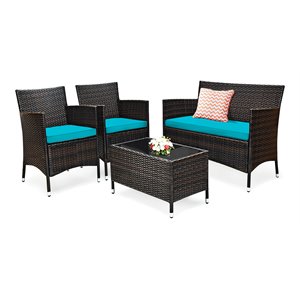 Pemberly Row 4-piece Rattan Patio Furniture Set with Sofa Chair in Turquoise