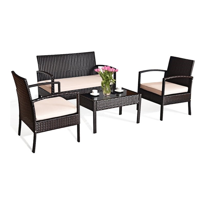 Pemberly Row 4-piece PE Rattan Patio Furniture Set with Cushioned Seat in Brown