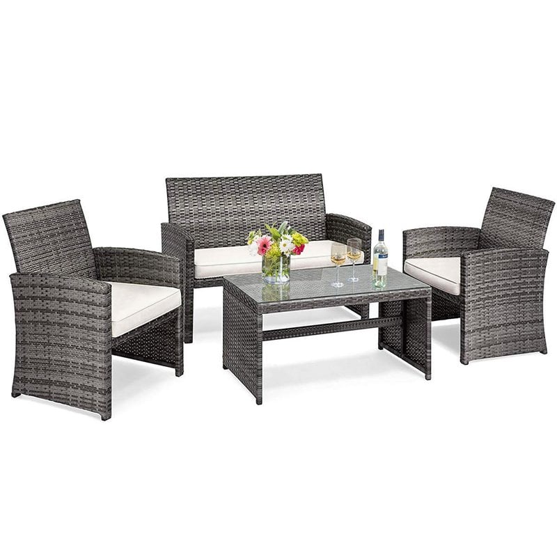 Pemberly Row 4-piece Rattan Patio Furniture Set with Padded Cushions in Mix Gray