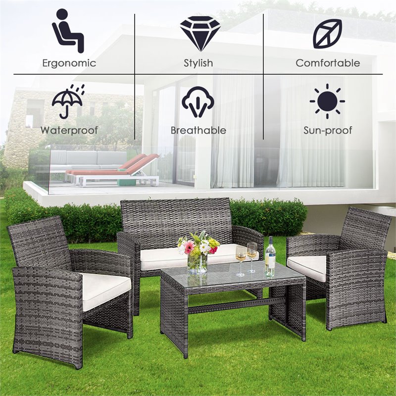 Pemberly Row 4-piece Rattan Patio Furniture Set with Padded Cushions in Mix Gray