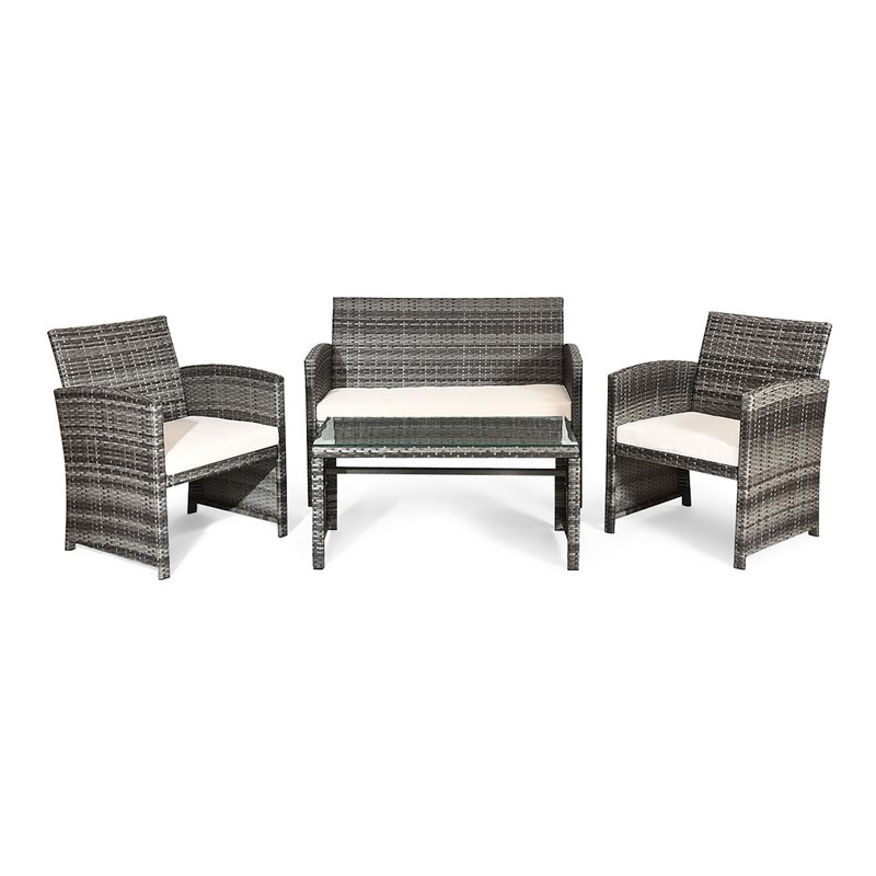 Pemberly Row 4-piece Rattan Patio Furniture Set with Padded Cushions in Mix Gray