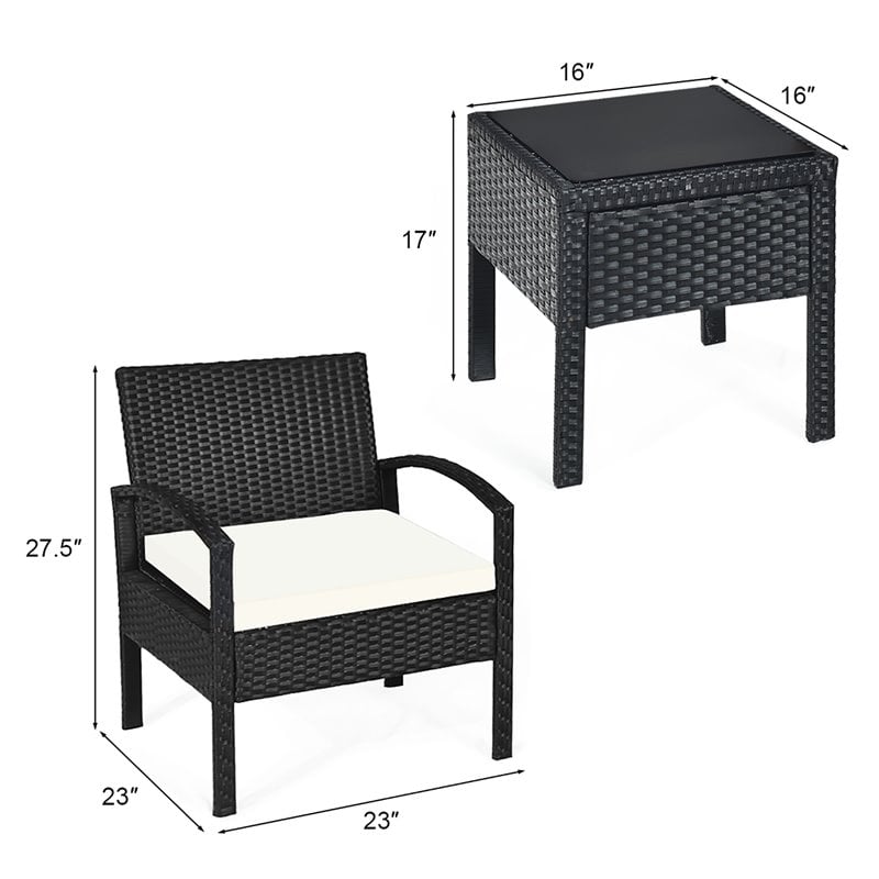 Pemberly Row 3-piece Rattan Patio Furniture Set with Seat Cushions in Black