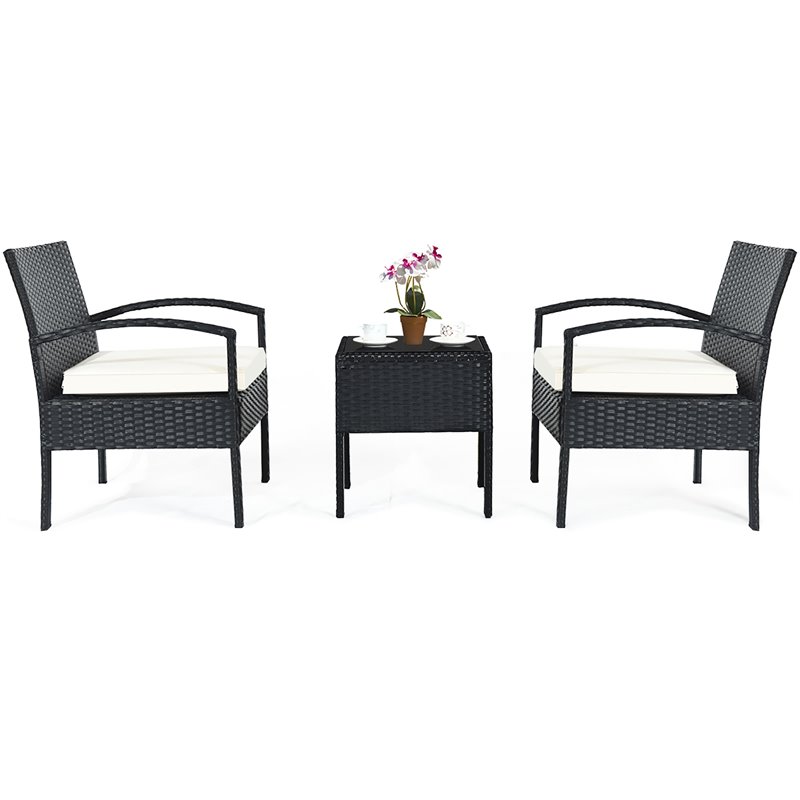 Pemberly Row 3-piece Rattan Patio Furniture Set with Seat Cushions in Black