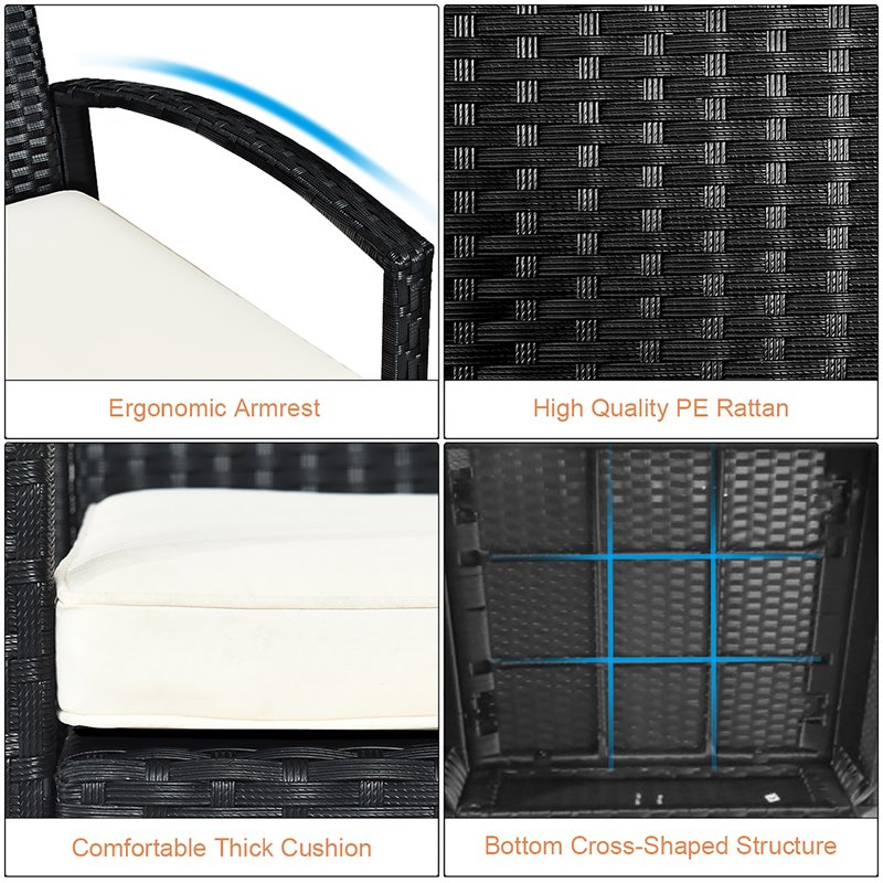 Pemberly Row 3-piece Rattan Patio Furniture Set with Seat Cushions in Black