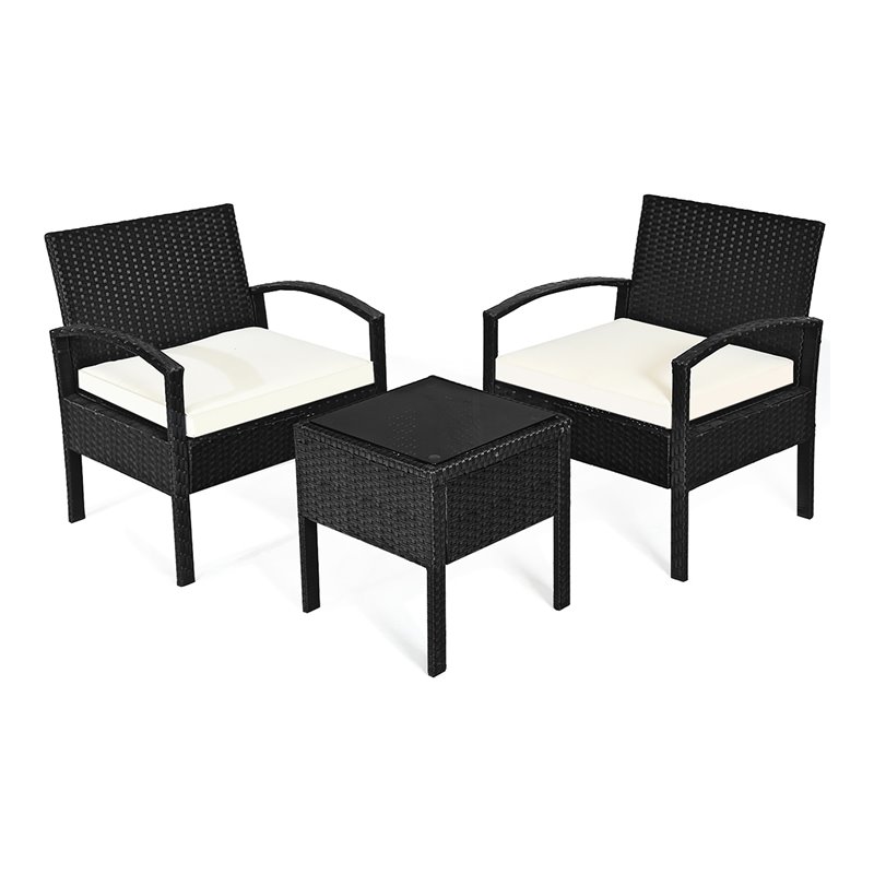 Pemberly Row 3-piece Rattan Patio Furniture Set with Seat Cushions in Black