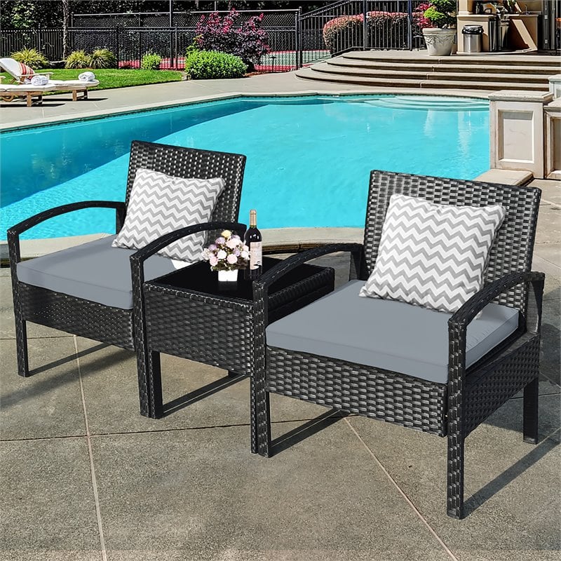 Pemberly Row 3-piece Rattan Patio Furniture Set with Seat Cushions in Gray/Black