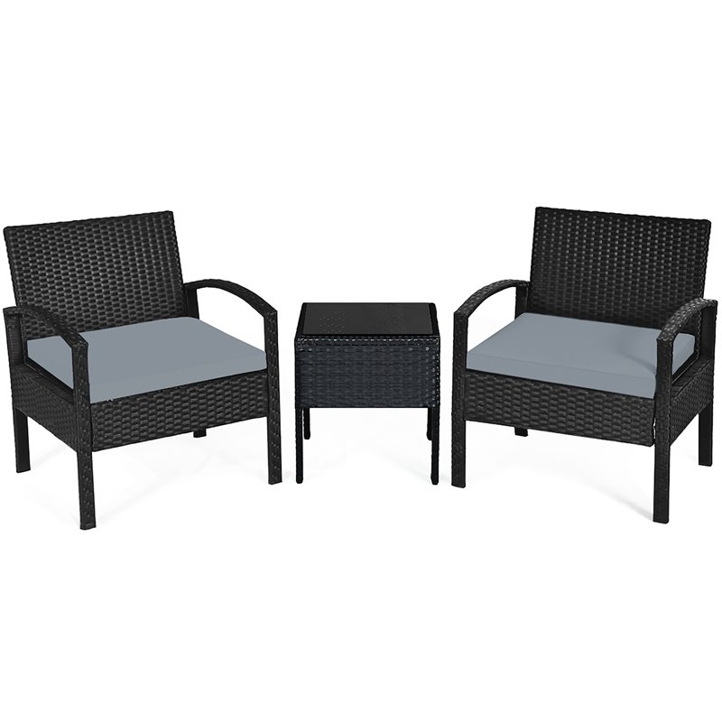 Pemberly Row 3-piece Rattan Patio Furniture Set with Seat Cushions in Gray/Black