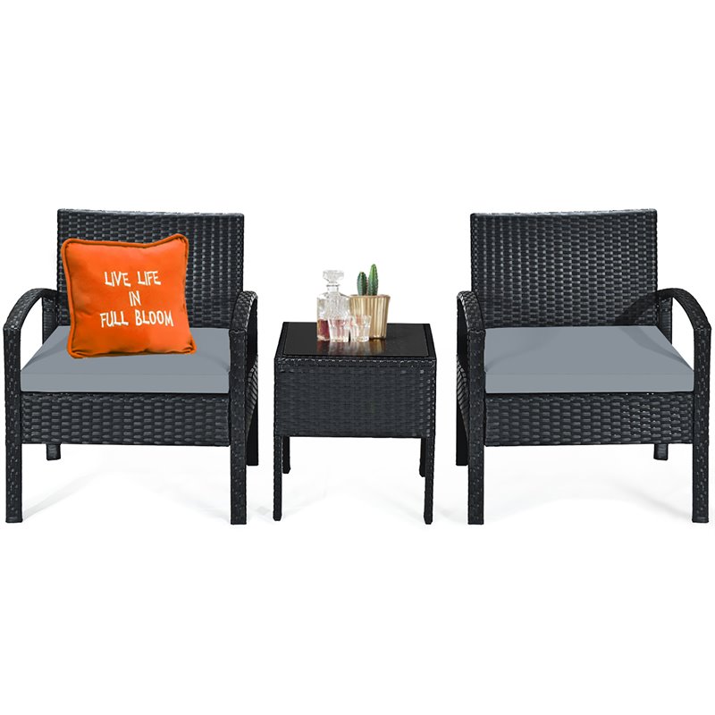 Pemberly Row 3-piece Rattan Patio Furniture Set with Seat Cushions in Gray/Black