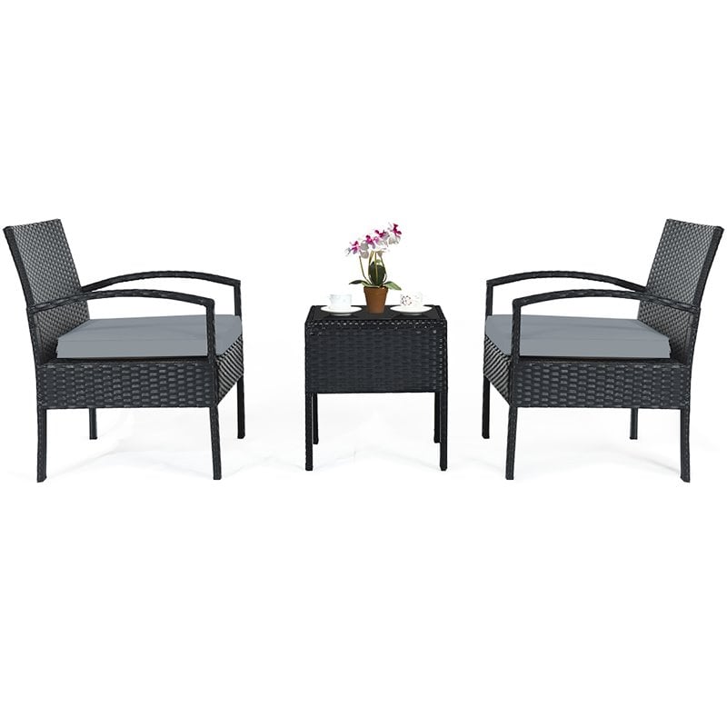 Pemberly Row 3-piece Rattan Patio Furniture Set with Seat Cushions in Gray/Black