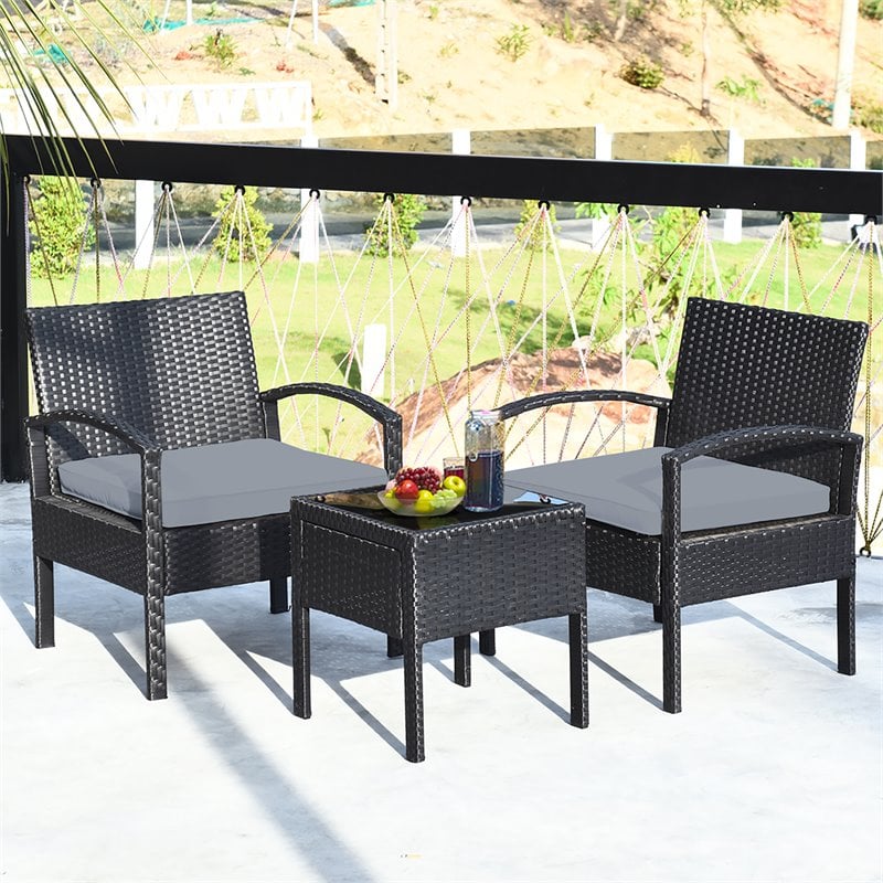 Pemberly Row 3-piece Rattan Patio Furniture Set with Seat Cushions in Gray/Black