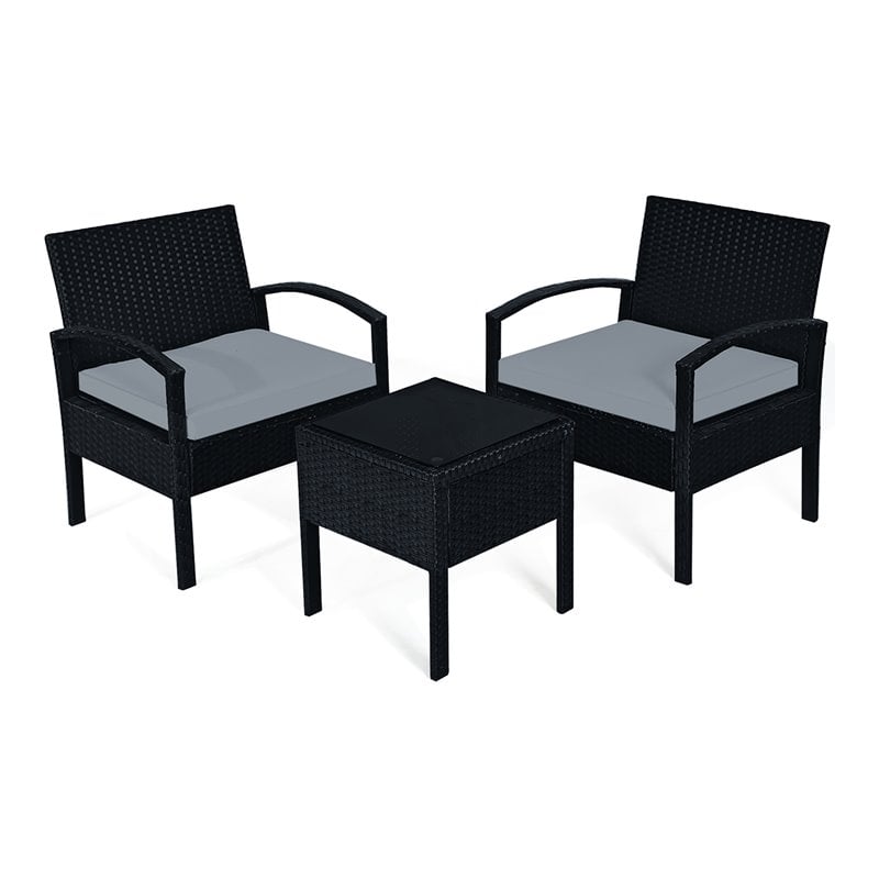 Pemberly Row 3-piece Rattan Patio Furniture Set with Seat Cushions in Gray/Black