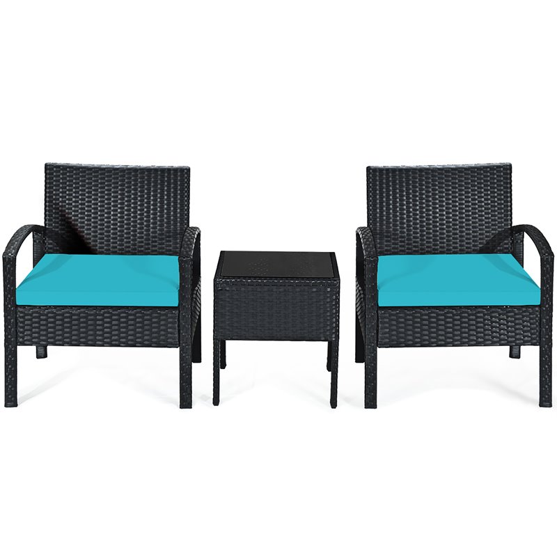 Pemberly Row 3-piece Rattan Patio Furniture Set with Seat Cushions in Turquoise