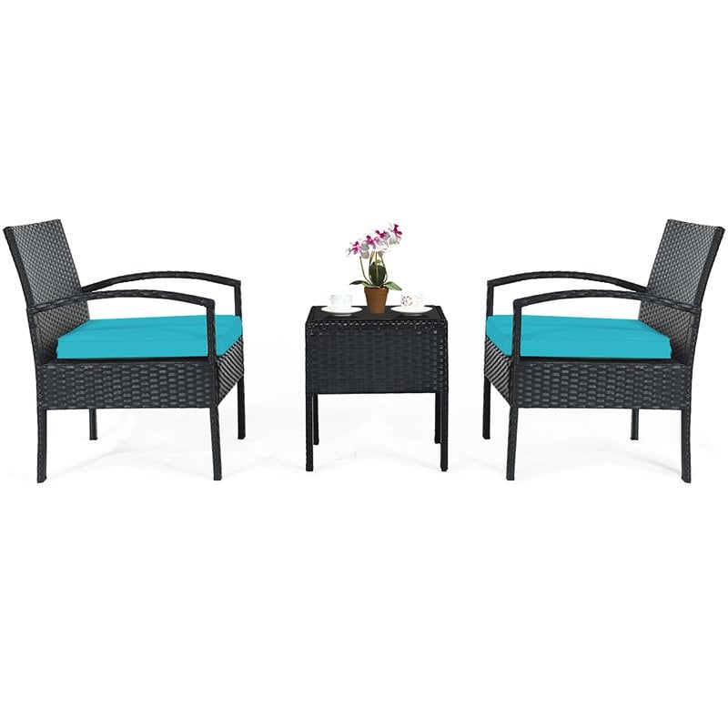 Pemberly Row 3-piece Rattan Patio Furniture Set with Seat Cushions in Turquoise