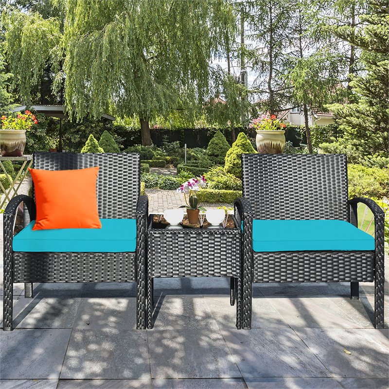 Pemberly Row 3-piece Rattan Patio Furniture Set with Seat Cushions in Turquoise