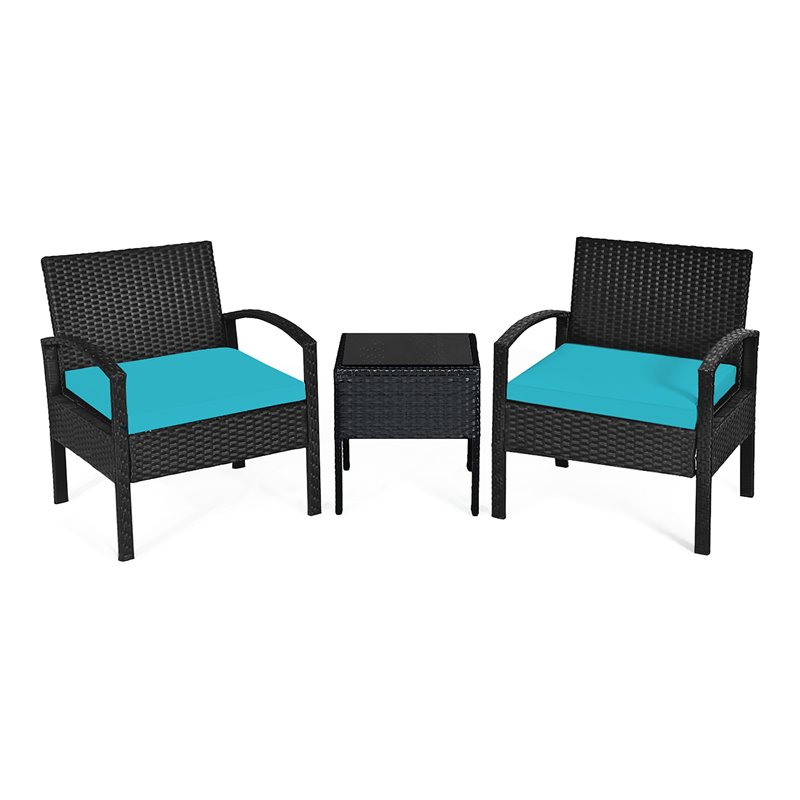 Pemberly Row 3-piece Rattan Patio Furniture Set with Seat Cushions in Turquoise