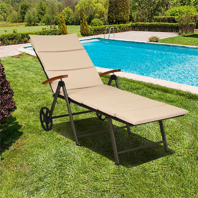 Pemberly Row Aluminum Rattan Patio Lounger Recliner Chair with Wheels in Brown