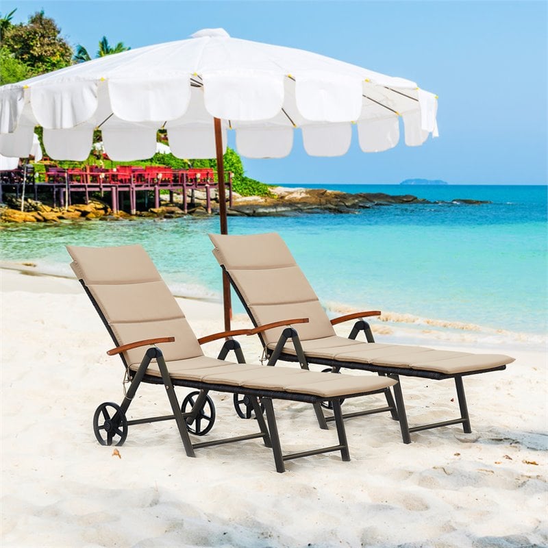 Pemberly Row Aluminum Rattan Patio Lounger Recliner Chair with Wheels in Brown