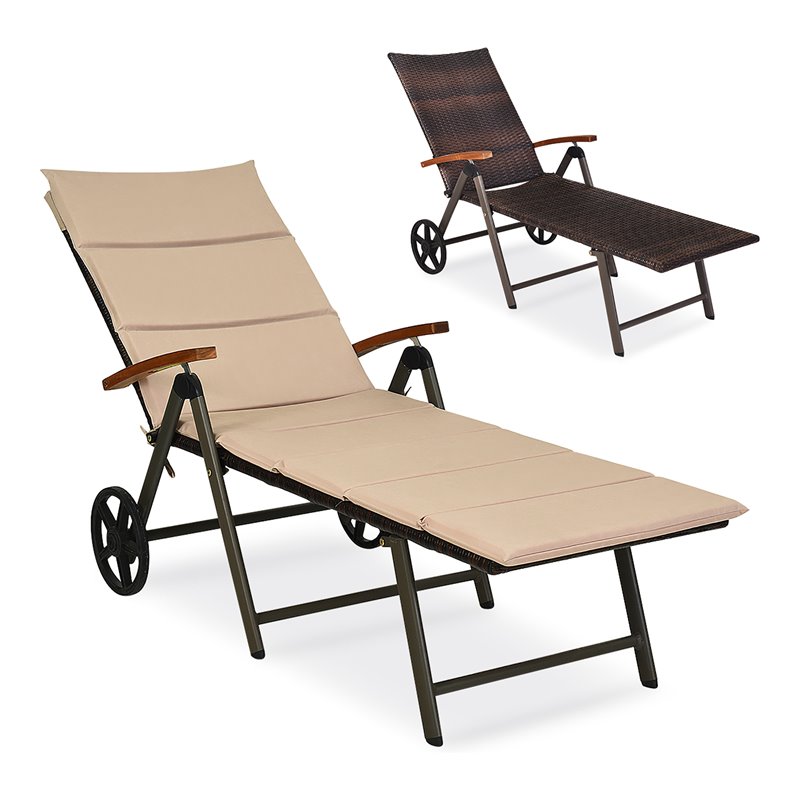 Pemberly Row Aluminum Rattan Patio Lounger Recliner Chair with Wheels in Brown