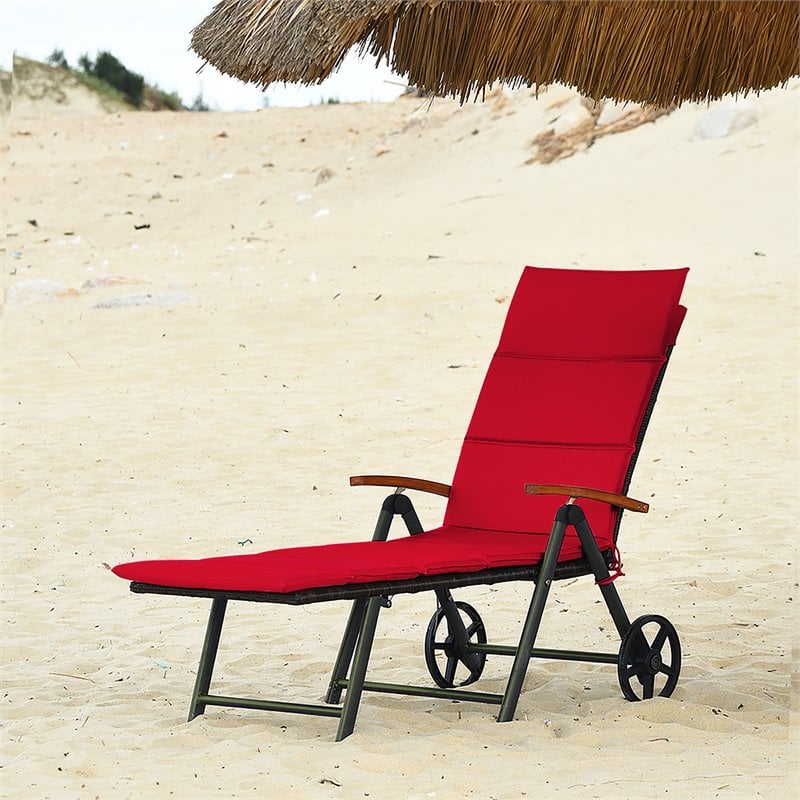 Pemberly Row Aluminum Rattan Patio Lounger Recliner Chair with Wheels in Red