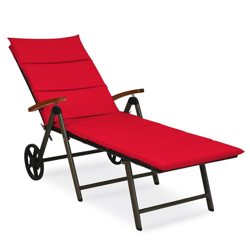Pemberly Row Aluminum Rattan Patio Lounger Recliner Chair with Wheels in Red