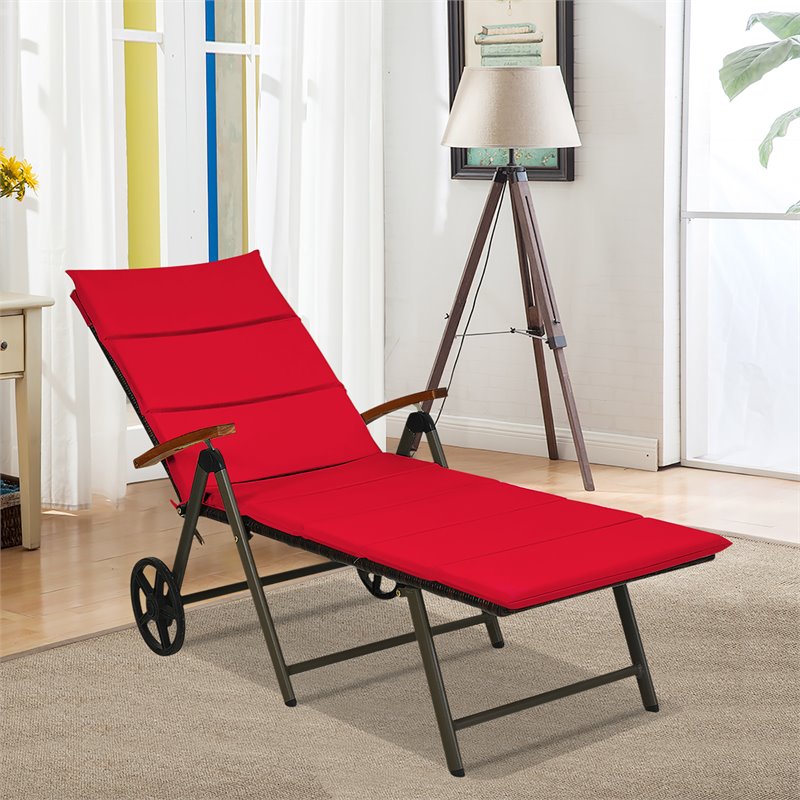 Pemberly Row Aluminum Rattan Patio Lounger Recliner Chair with Wheels in Red