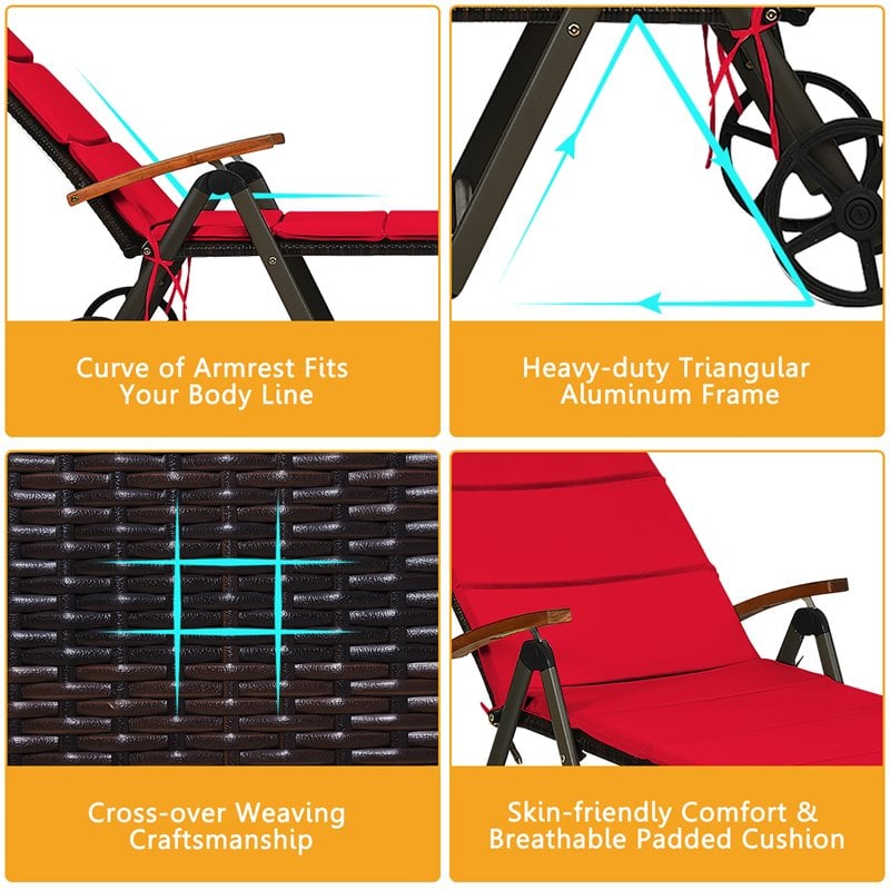 Pemberly Row Aluminum Rattan Patio Lounger Recliner Chair with Wheels in Red