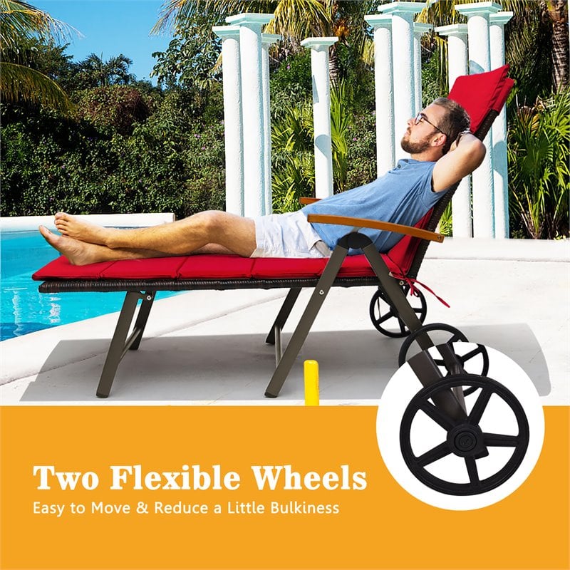 Pemberly Row Aluminum Rattan Patio Lounger Recliner Chair with Wheels in Red