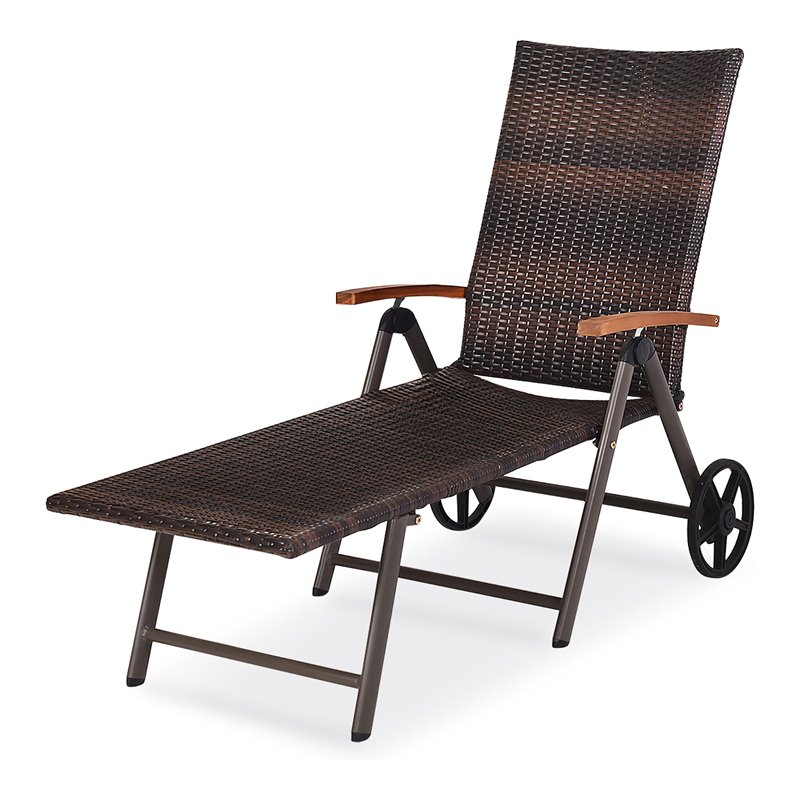 Pemberly Row Aluminum Rattan Patio Lounger Recliner Chair with Wheels in Red