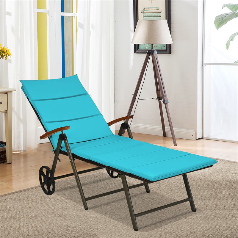 Pemberly Row Aluminum Rattan Patio Lounger Recliner Chair w/ Wheels in Turquoise